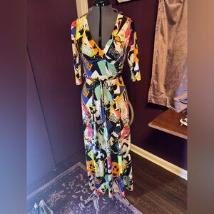 Unique neon 90s comic book fashion faux wrap stretch maxi dress by Janette